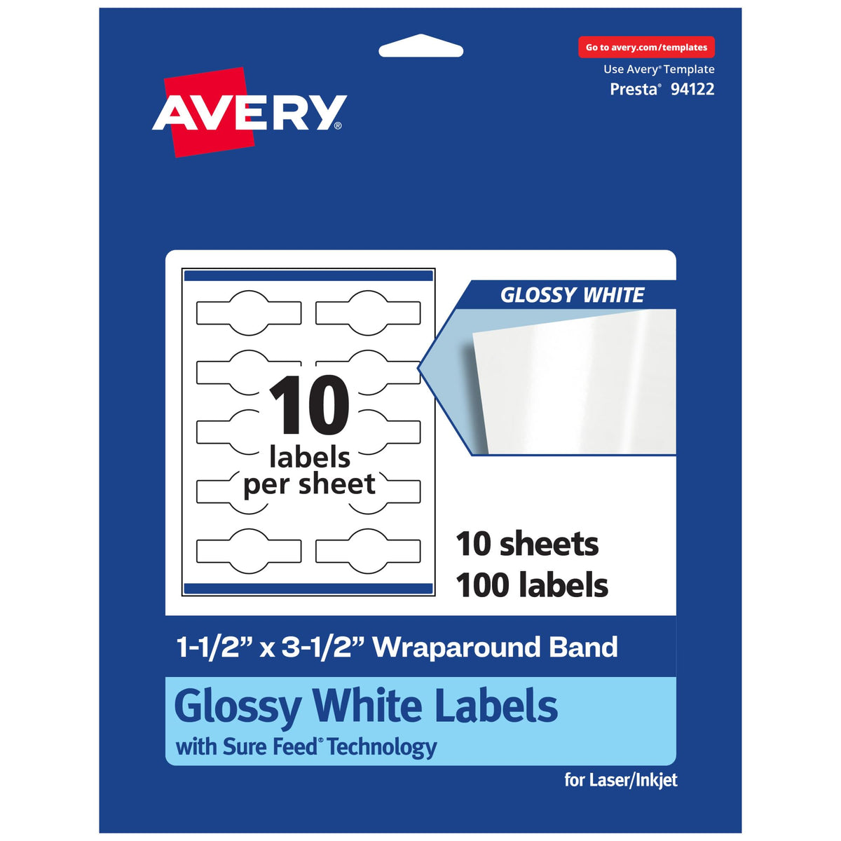 Avery® Glossy White Wraparound Band Labels, Sure Feed® Technology, 1.5" x 3.5", 100 Glossy White Labels, Print-to-the-Edge, Permanent Label Adhesive, Laser/Inkjet Printable Labels 100 labels
