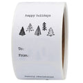 Boho style Christmas tree gift tag stickers on white semi-gloss adhesive tags, eco-friendly holiday labels with unique tree designs.