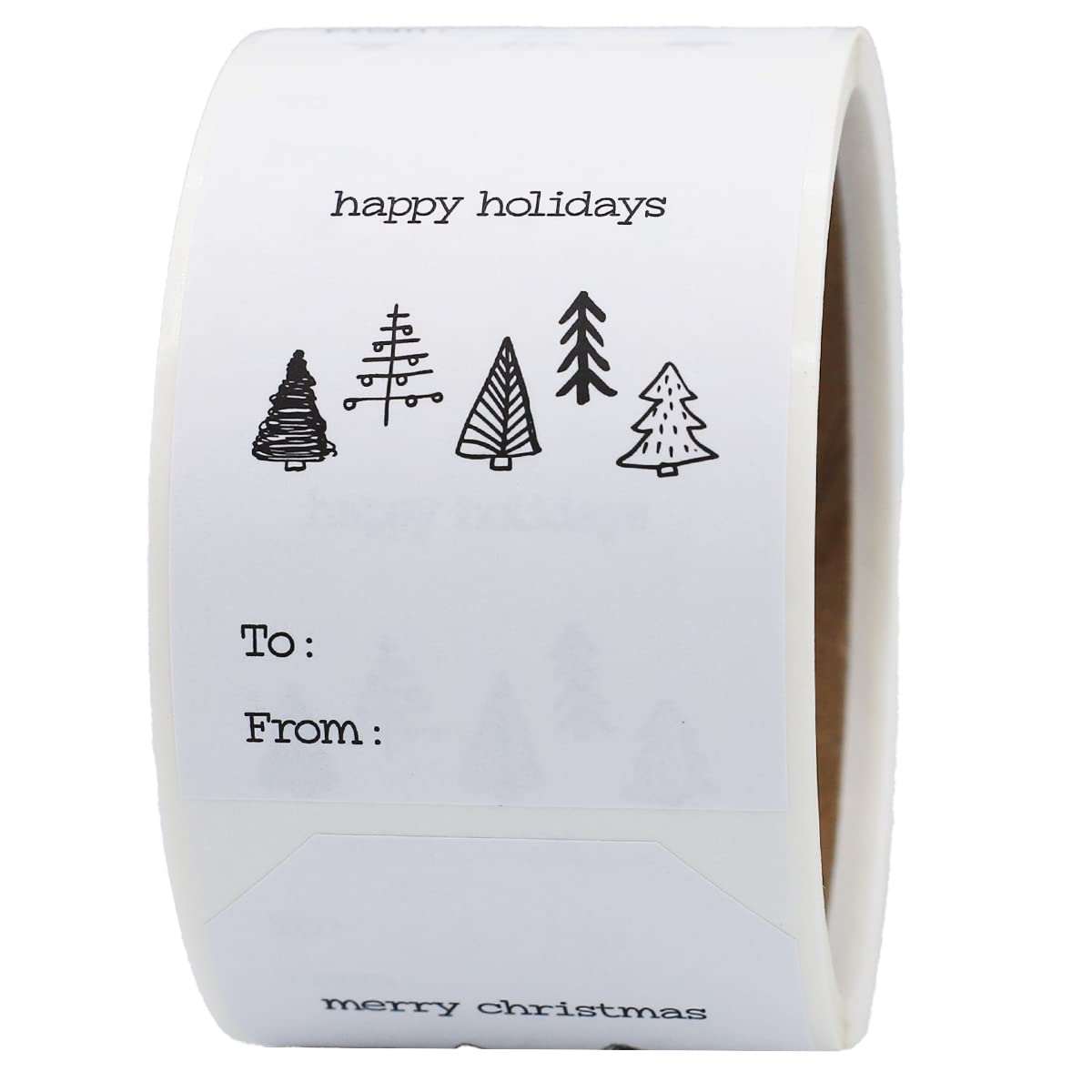 Boho style Christmas tree gift tag stickers on white semi-gloss adhesive tags, eco-friendly holiday labels with unique tree designs.