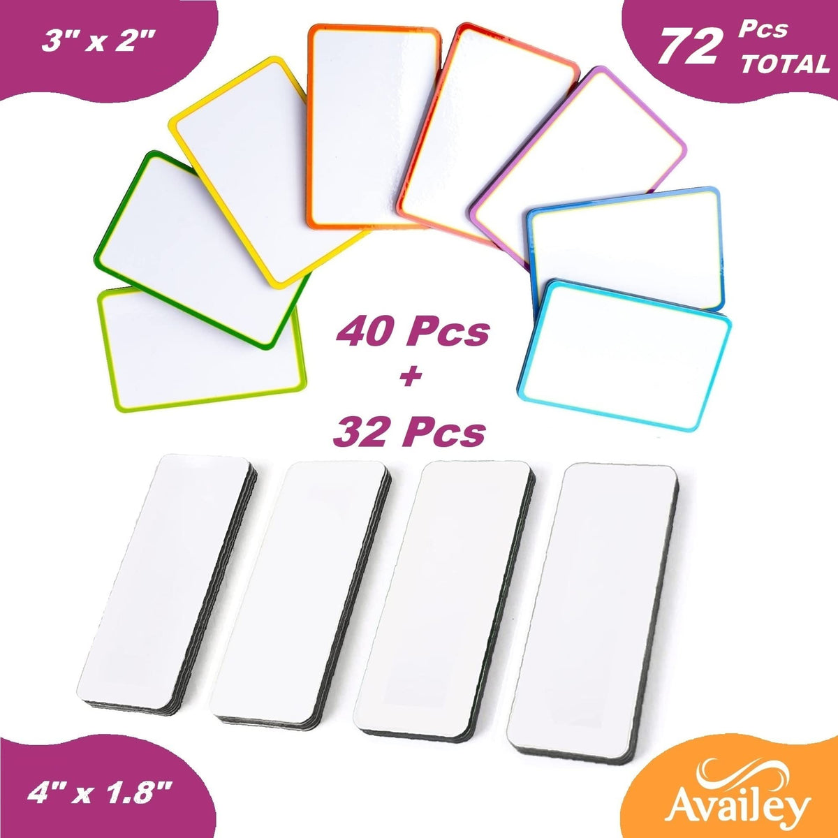 Availey 72 Pcs Magnetic Dry Erase Labels - 40 Pieces of 3 x 2 with Colored Border and 32 Pieces of 4 x 1.8 with Full White Front