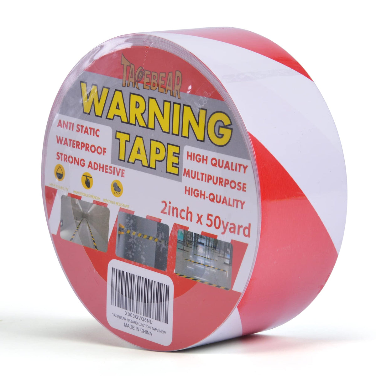 TAPEBEAR Hazard Caution Tape, 2inch x 150 Feet(50yds) Self Adhesive Warning Tape for Steps, High Visibility White&Red Tape for Halloween Outdoor Construction Warning, Crime Scene Barrier, Danger Zone red and white/1roll