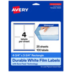 Avery® Printable Durable White Rectangle Labels, Sure Feed® Technology, 4.75" x 3.75", Print-to-the-Edge, Waterproof Labels, Laser & Pigment-Based Inkjet Compatible, 100 Total 100 labels