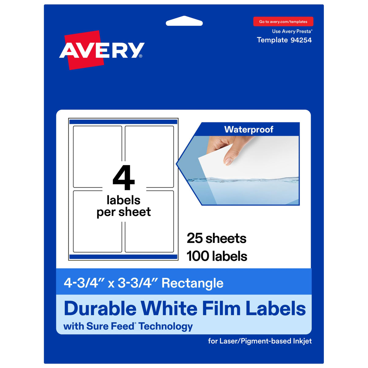 Avery® Printable Durable White Rectangle Labels, Sure Feed® Technology, 4.75" x 3.75", Print-to-the-Edge, Waterproof Labels, Laser & Pigment-Based Inkjet Compatible, 100 Total 100 labels
