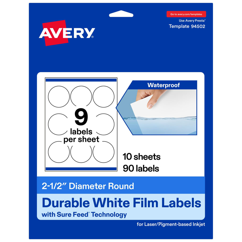 Avery Printable Durable White Round Labels, Sure Feed Technology, 2.5" Diameter, Print-to-the-Edge, Waterproof Labels, Laser & Pigment-Based Inkjet Compatible, 90 Total 2-1/2" Diameter 90 Count (10 Packs of 9)