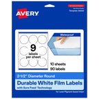 Avery Printable Durable White Round Labels, Sure Feed Technology, 2.5" Diameter, Print-to-the-Edge, Waterproof Labels, Laser & Pigment-Based Inkjet Compatible, 90 Total 2-1/2" Diameter 90 Count (10 Packs of 9)