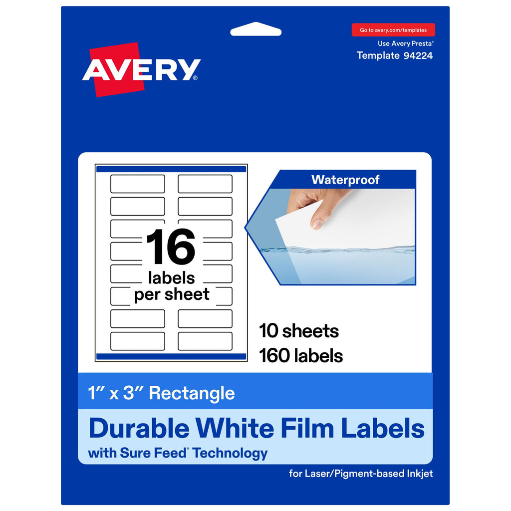 Avery Printable Durable White Rectangle Labels, Sure Feed Technology, 1" x 3", Print-to-the-Edge, Waterproof Labels, Laser & Pigment-Based Inkjet Compatible, 160 Total 160 labels