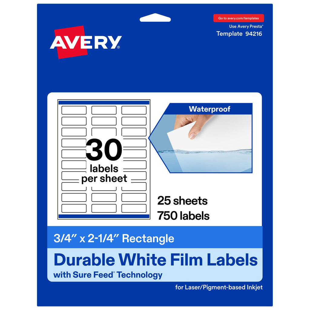 Avery® Printable Durable White Rectangle Labels, Sure Feed® Technology, 0.75" x 2.25", Print-to-the-Edge, Waterproof Labels, Laser & Pigment-Based Inkjet Compatible, 750 Total 750 labels