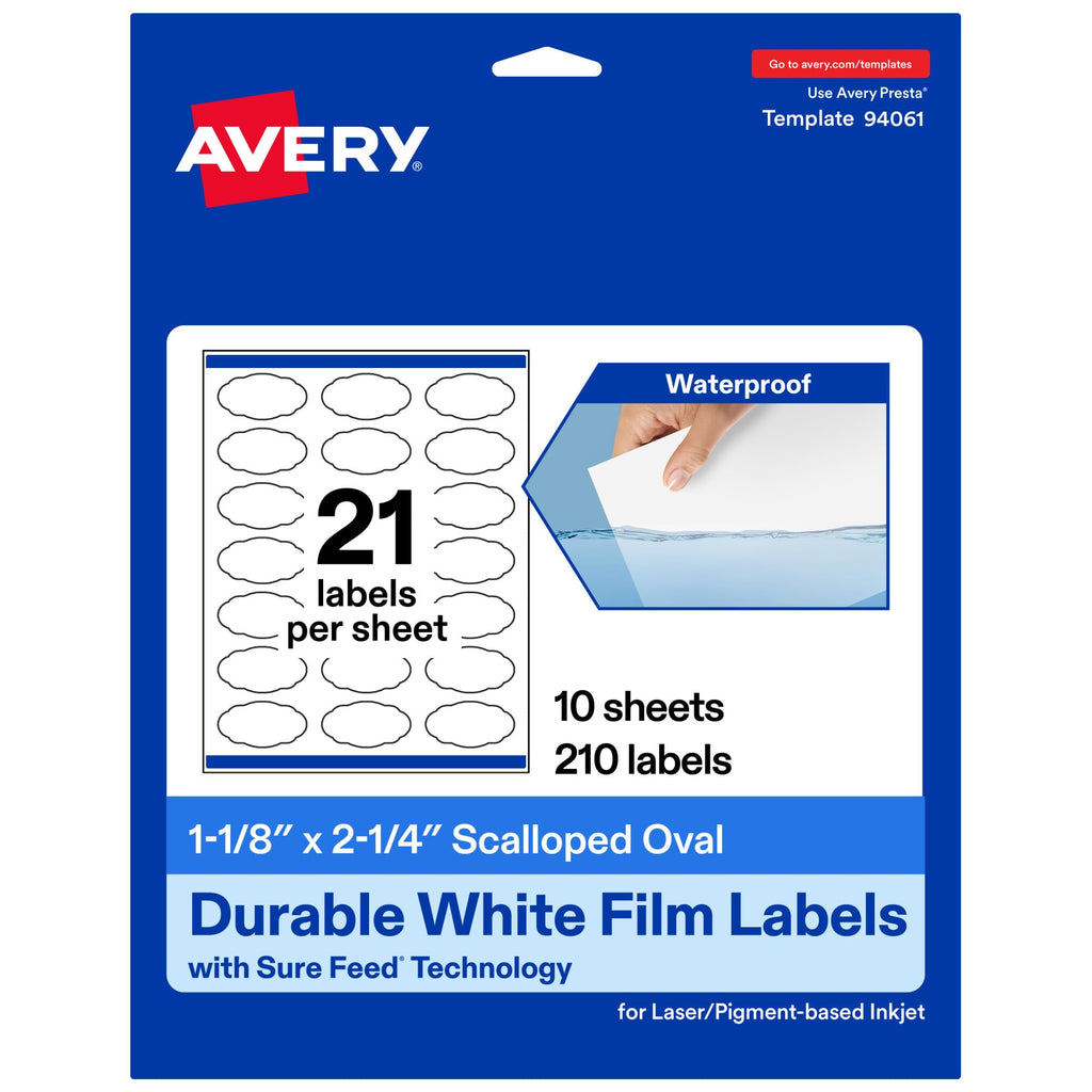 Avery® Printable Durable White Oval Scalloped Labels, Sure Feed® Technology, 1-1/8" x 2-1/4", Print-to-the-Edge, Waterproof Labels, Laser & Pigment-Based Inkjet Compatible, 210 Total 210 labels