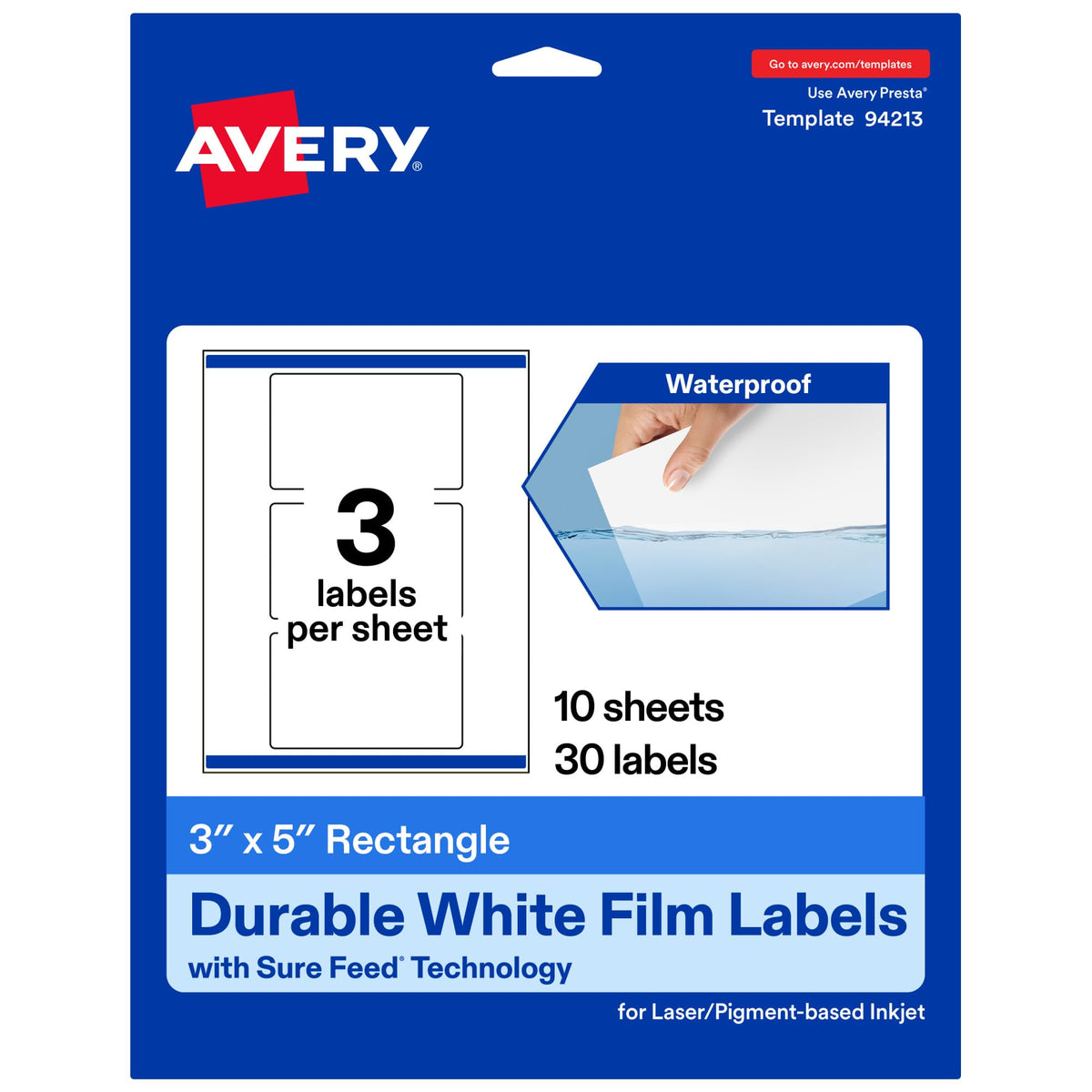 Avery Printable Durable White Rectangle Labels, Sure Feed Technology, 3" x 5", Print-to-the-Edge, Waterproof Labels, Laser & Pigment-Based Inkjet Compatible, 30 Total 30 labels