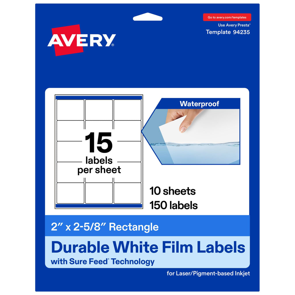 Avery® Printable Durable White Rectangle Labels, Sure Feed® Technology, 2" x 2-5/8", Waterproof Labels, Laser & Pigment-Based Inkjet Compatible, 150 Total 150 labels