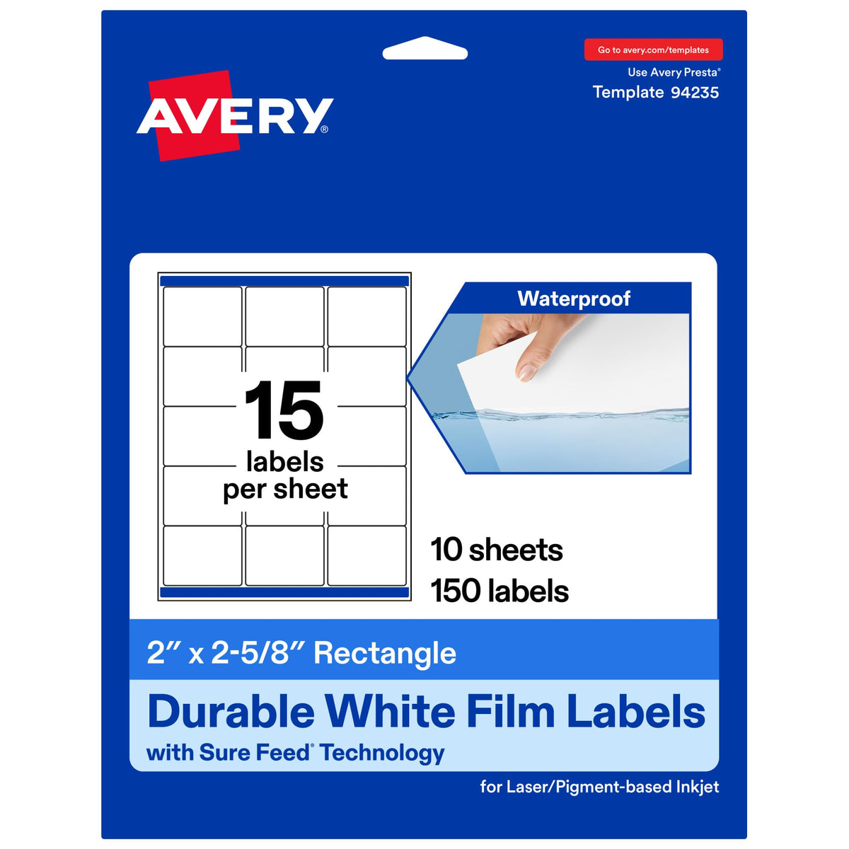 Avery® Printable Durable White Rectangle Labels, Sure Feed® Technology, 2" x 2-5/8", Waterproof Labels, Laser & Pigment-Based Inkjet Compatible, 150 Total 150 labels