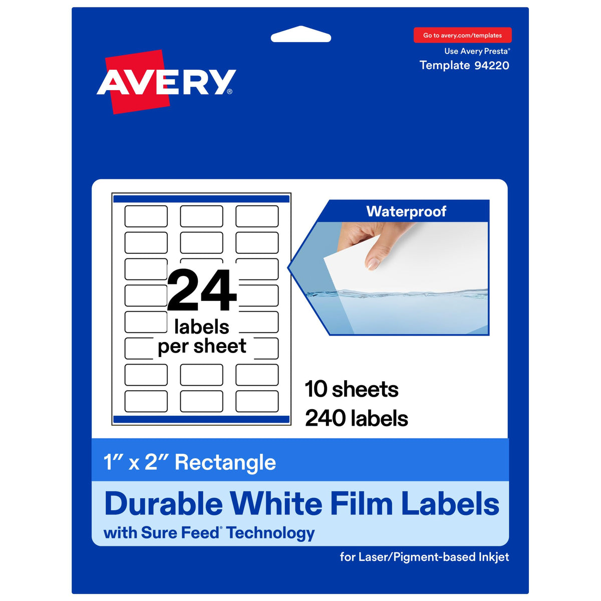 Avery Printable Durable White Rectangle Labels, Sure Feed Technology, 1" x 2", Print-to-the-Edge, Waterproof Labels, Laser & Pigment-Based Inkjet Compatible, 240 Total 240 labels