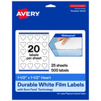 Avery® Printable Durable White Heart Labels, Sure Feed® Technology, 1.5" x 1.5", Print-to-the-Edge, Waterproof Labels, Laser & Pigment-Based Inkjet Compatible, 500 Total 500 labels