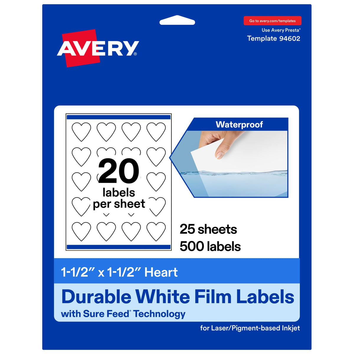 Avery® Printable Durable White Heart Labels, Sure Feed® Technology, 1.5" x 1.5", Print-to-the-Edge, Waterproof Labels, Laser & Pigment-Based Inkjet Compatible, 500 Total 500 labels