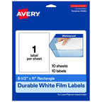 Avery Printable Durable White Rectangle Labels, 8.5" x 11", Waterproof Labels, Laser & Pigment-Based Inkjet Compatible, 10 Total, Great for Product Branding, Marketing, and More
