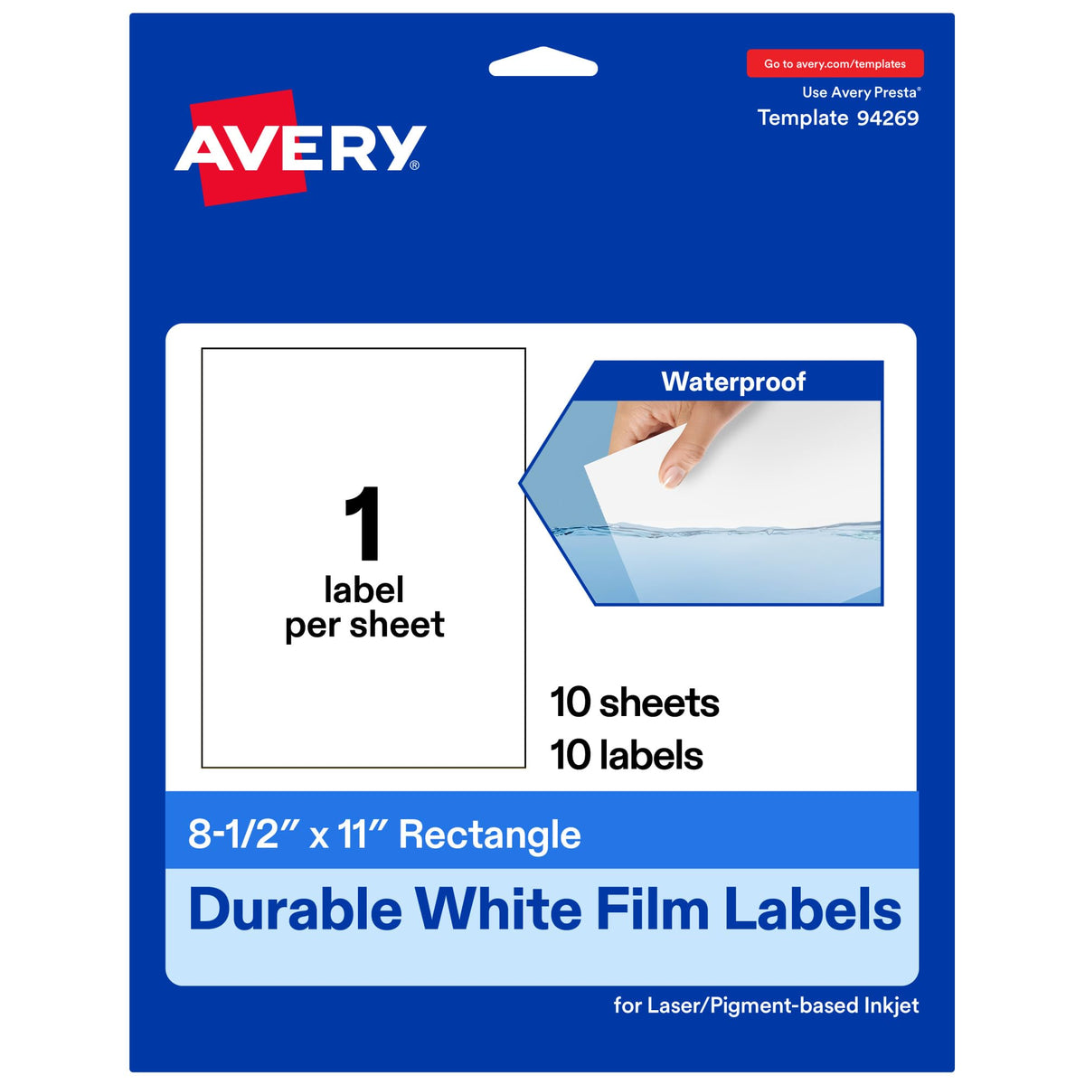 Avery Printable Durable White Rectangle Labels, 8.5" x 11", Waterproof Labels, Laser & Pigment-Based Inkjet Compatible, 10 Total, Great for Product Branding, Marketing, and More