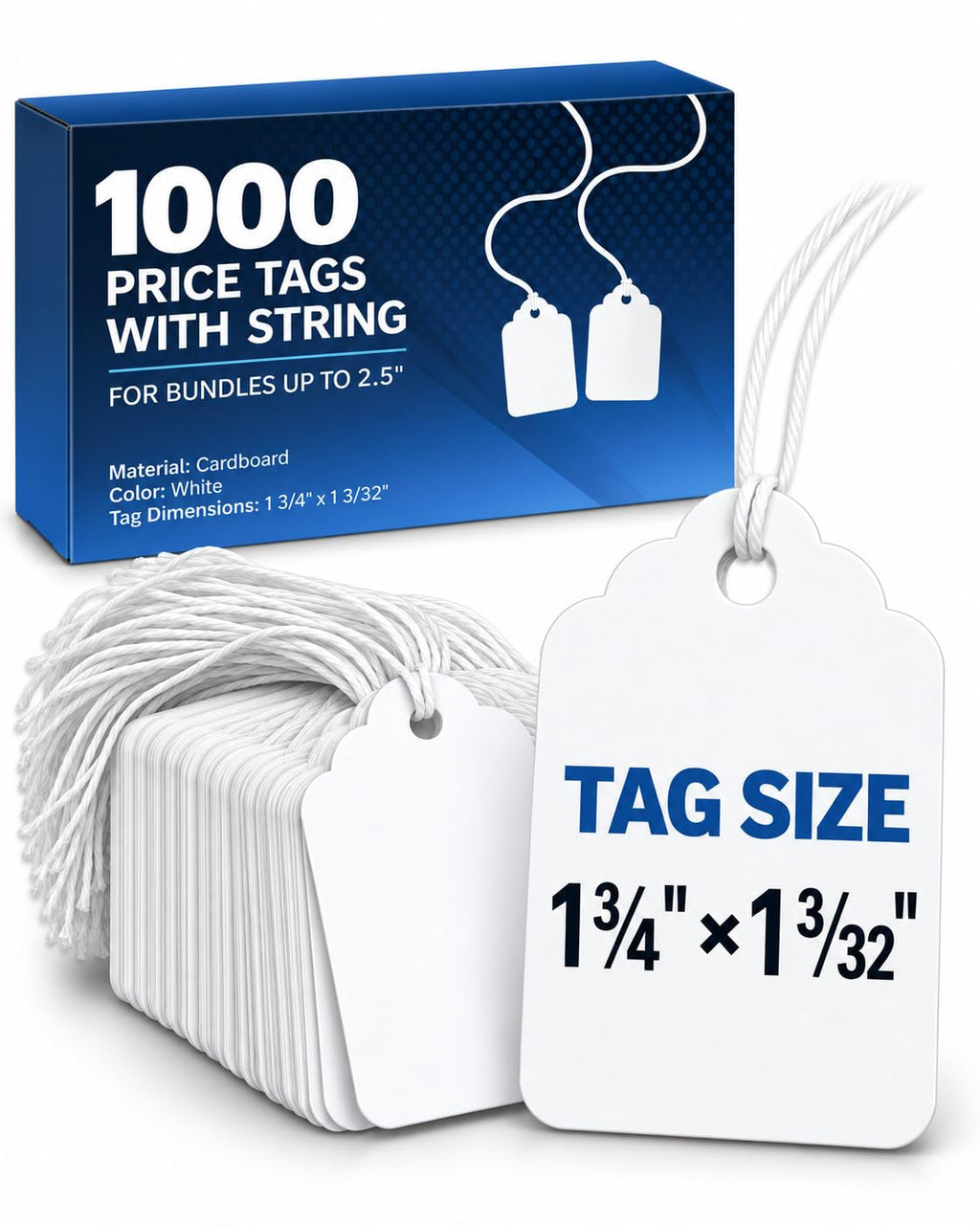 EasyTwelve Price Tags with String Attached, 1000 White Tags, 1.75 x 1.09 in