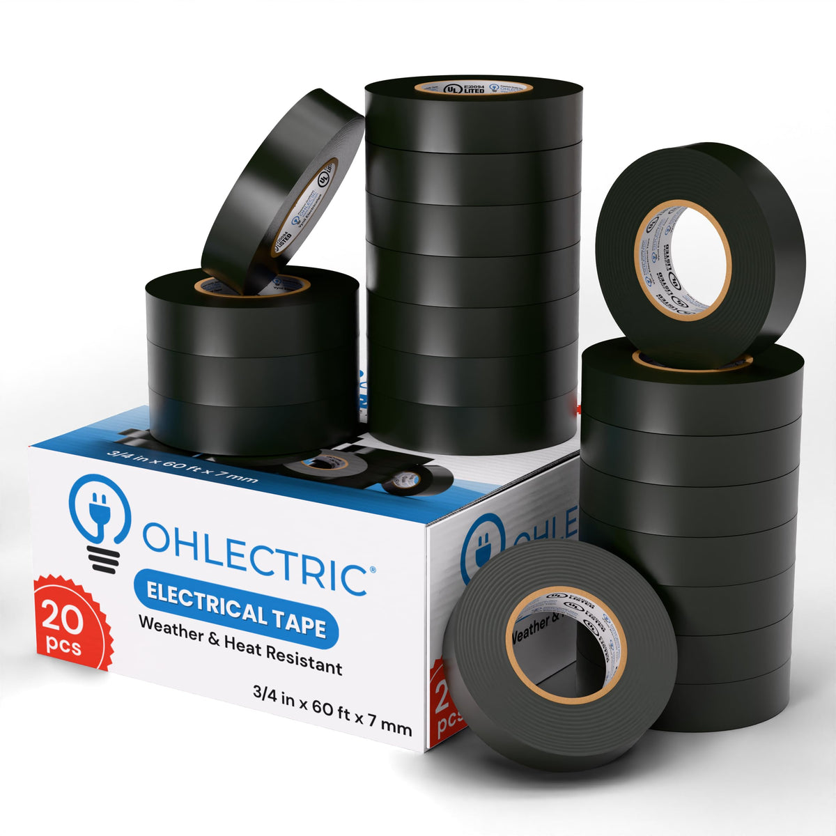 OHLECTRIC Black Electrical Tape (20-Pack) Superior High-Adhesive, 0.75 in x 66.0 ft Contractors Value Pack - 20 Rolls Tape, Professional Grade, Thick (7mil) Waterproof, UV Resistant, Flame Retardant