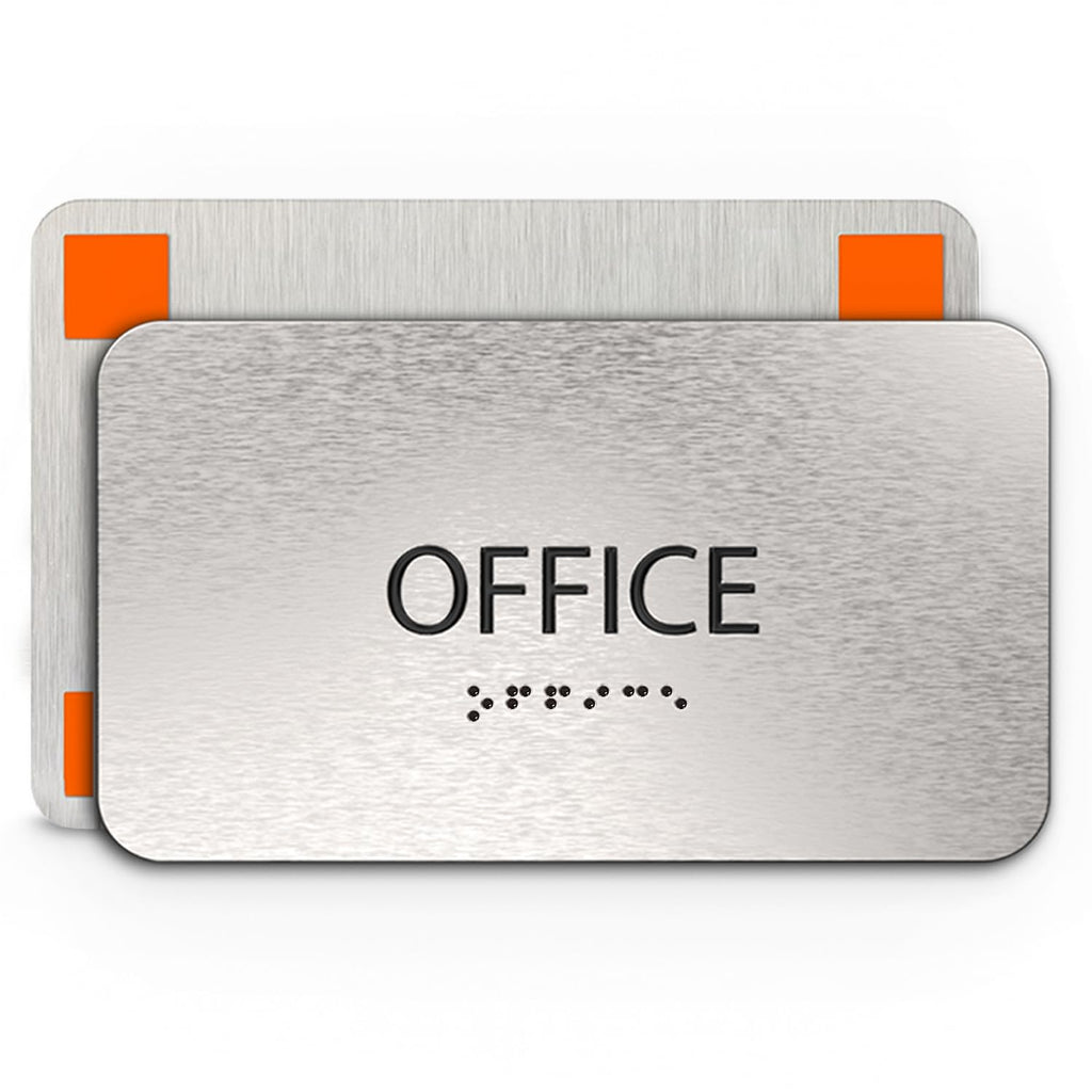 ADASigns Office Sign 7"x4" - Brushed Aluminum with Braille & Tape