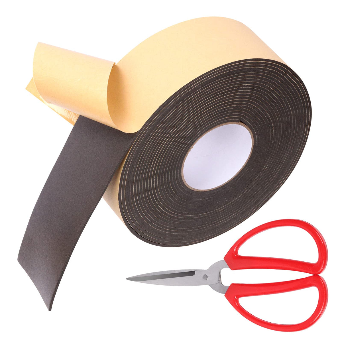 Glarks 1 Roll Self Adhesive Foam Insulation Tape with Scissors, 3" W x 1/8" T x 32.8' L High Density Shock-Absorbing Sound Proof Seal Strip Waterproof Weather Stripping Foam Tape for Door and Window