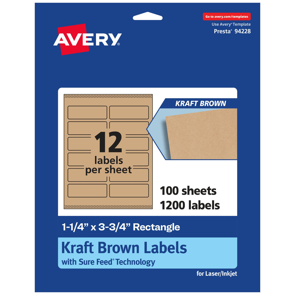 Avery® Kraft Brown Rectangle Labels, Sure Feed® Technology, 1.25" x 3.75", 1,200 Kraft Brown Labels, Print-to-The-Edge, Laser/Inkjet Printable 1,200 labels