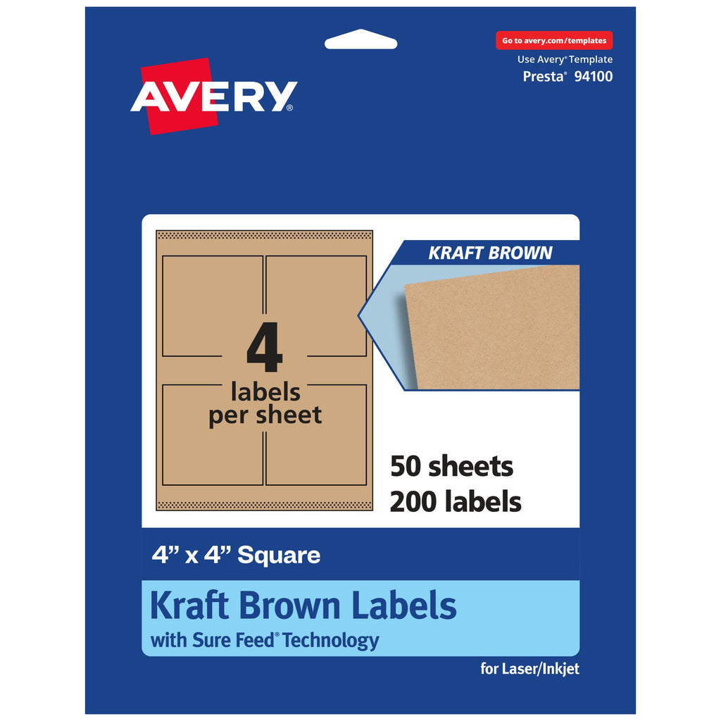 Avery® Kraft Brown Square Labels, Sure Feed® Technology, 4" x 4", 200 Kraft Brown Labels, Laser/Inkjet Printable 200 labels