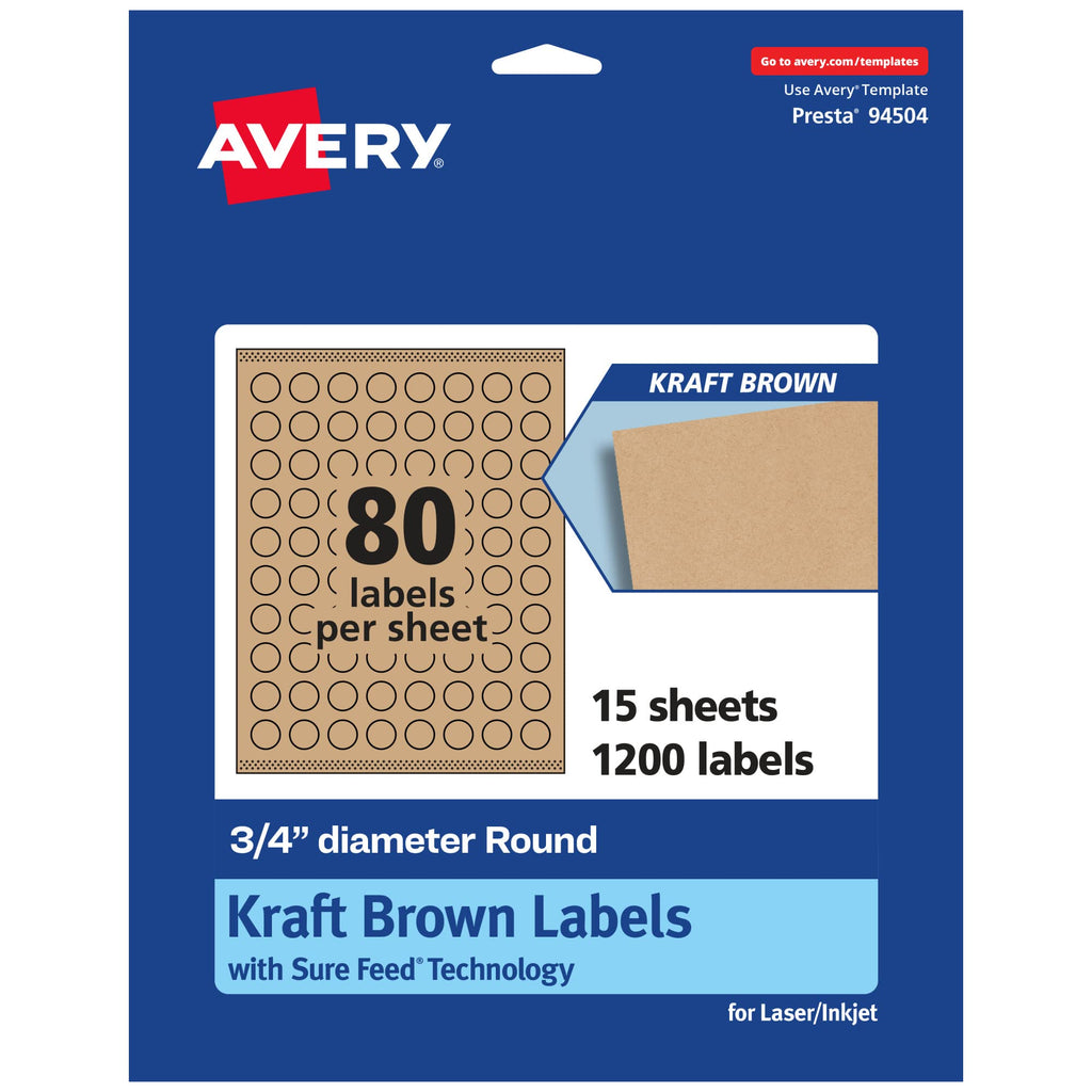 Avery® Kraft Brown Round Labels, Sure Feed® Technology, 0.75" Diameter, 1,200 Kraft Brown Labels, Print-to-The-Edge, Laser/Inkjet Printable 1,200 labels