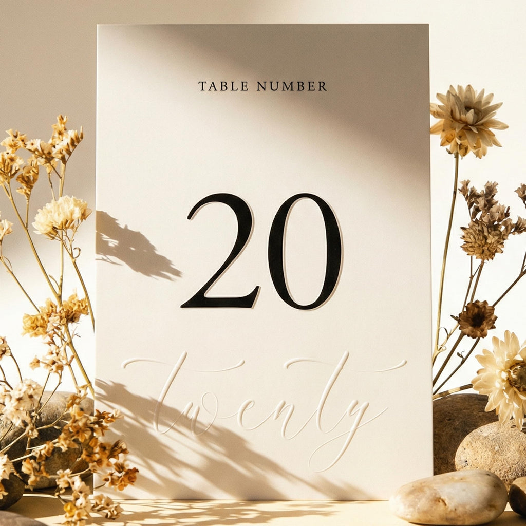 Wedding Table Numbers 1-20, Double-Sided Cards, Embossed Details