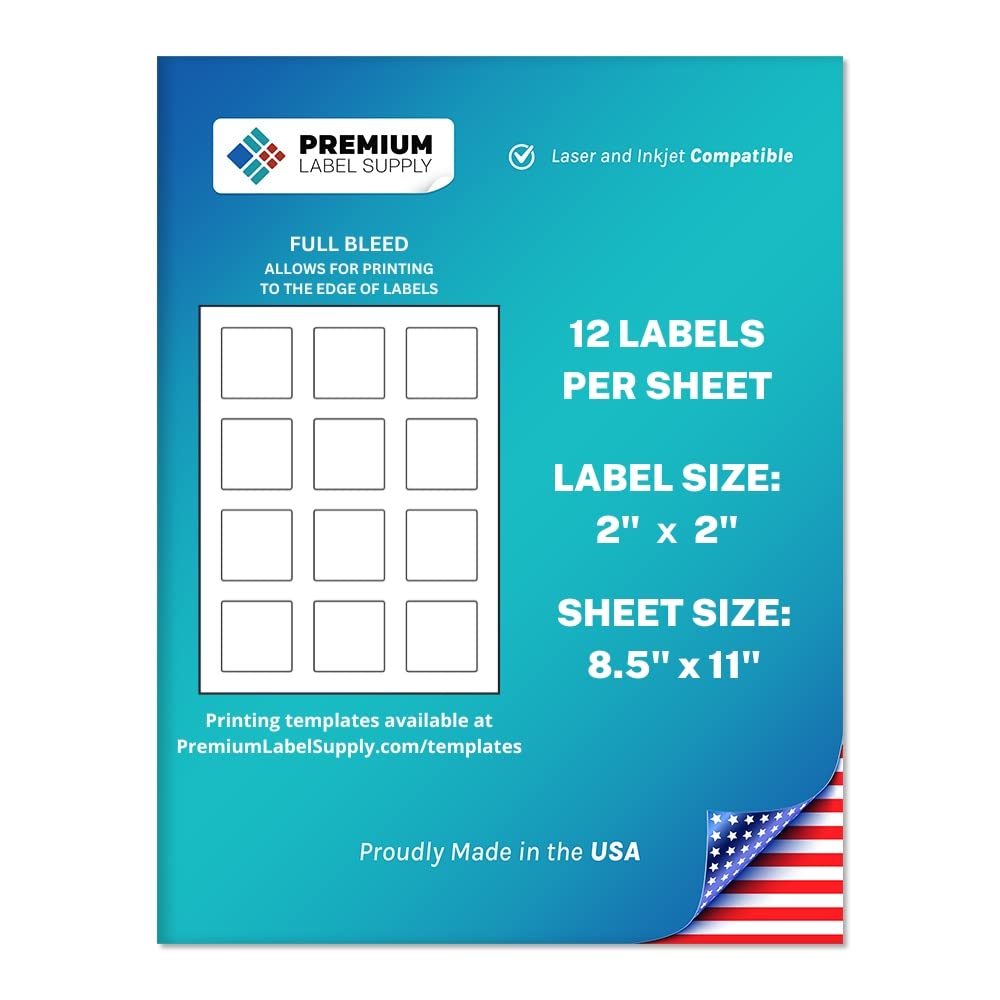 Premium Label Supply White Sticker Square Labels with Bleed – 2" x 2" – Laser/Inkjet Compatible – (12 per Sheet), 100 Sheets – 1,200 Total Adhesive Labels 1,200 Labels