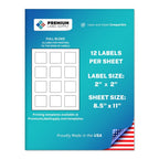 Premium Label Supply White Sticker Square Labels with Bleed – 2" x 2" – Laser/Inkjet Compatible – (12 per Sheet), 100 Sheets – 1,200 Total Adhesive Labels 1,200 Labels