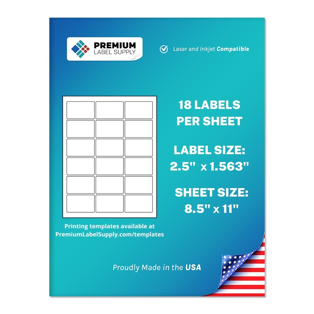 Premium Label Supply White Sticker Rectangle Labels – 2.5" x 1.563" – Laser/Inkjet Compatible – (18 per Sheet), 100 Sheets – 1,800 Total Adhesive Labels 1800 Labels