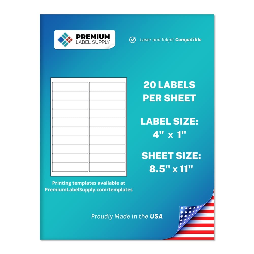 Premium Label Supply White Sticker Address Labels – 4" x 1" – Laser/Inkjet Compatible – (20 per Sheet), 100 Sheets – 2,000 Total Adhesive Labels 2000 Labels