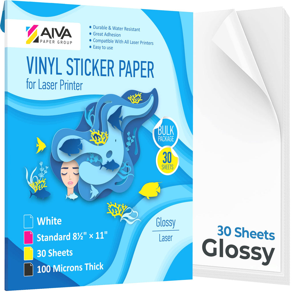 Printable Vinyl Sticker Paper for Laser Printer - Glossy White - 30 Self-Adhesive Sheets - Waterproof Decal Paper - Standard Letter Size 8.5"x11" 30 Sheets