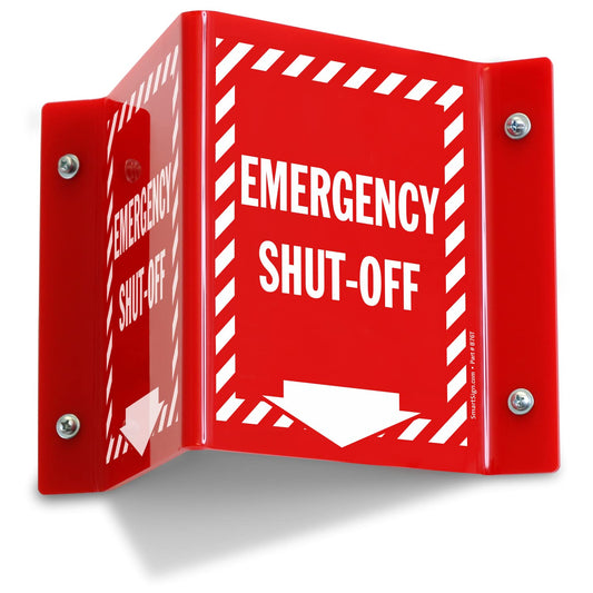SmartSign "Emergency Shut-Off" Two-Sided V-Shaped Projecting Sign with Down Arrow and Striped Border, 6 x 5 inch, 120 mil Polished Acrylic, Red/White, Made in USA