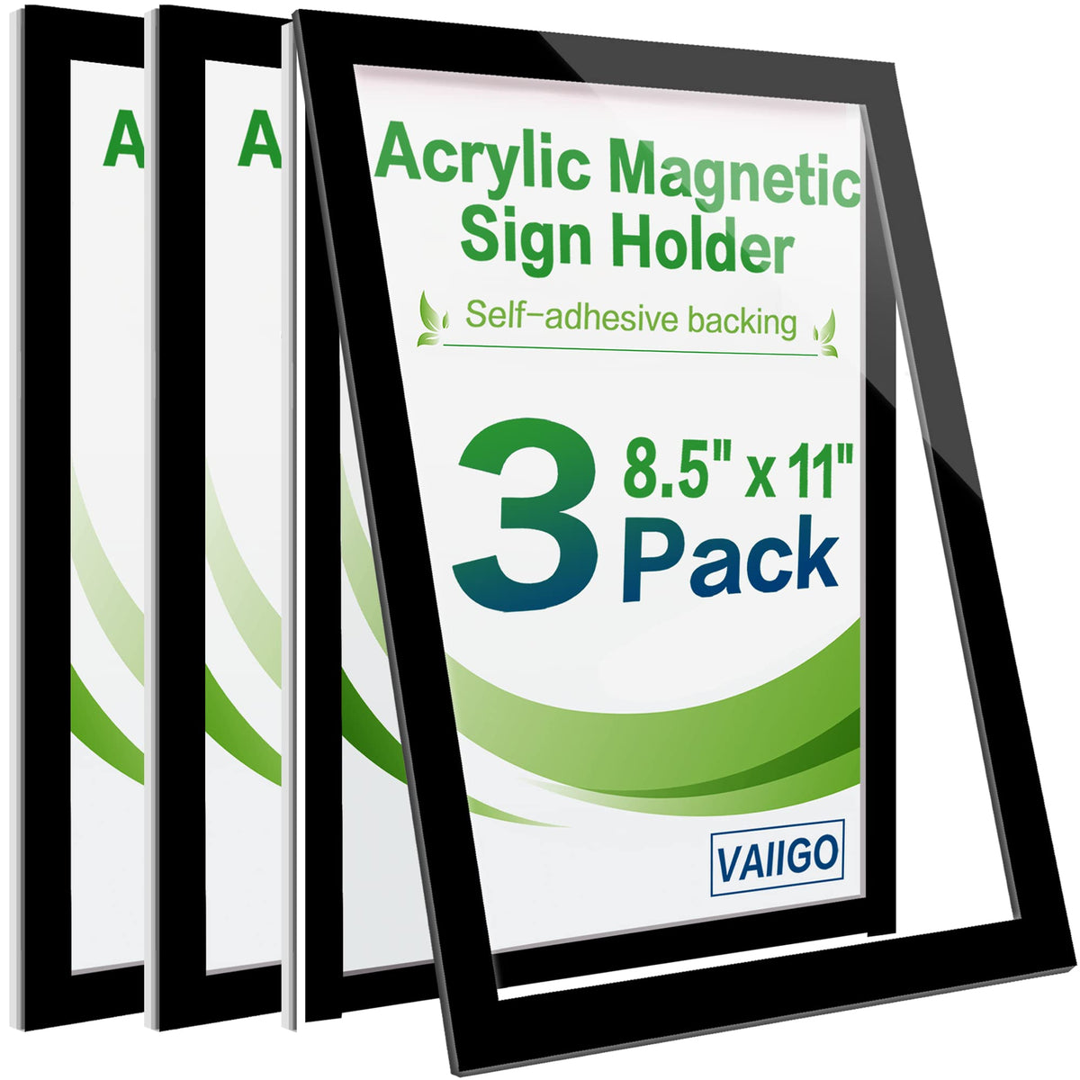 8.5" x 11" Acrylic Sign Holder Wall Mount, Self Adhesive Magnetic Display Frame with Nano Tape and Strong Magnetic Frames for Wall, Door, Glass, Home, Store, Office (Black, 3Pack) Black 3 Pack 8.5" x 11"