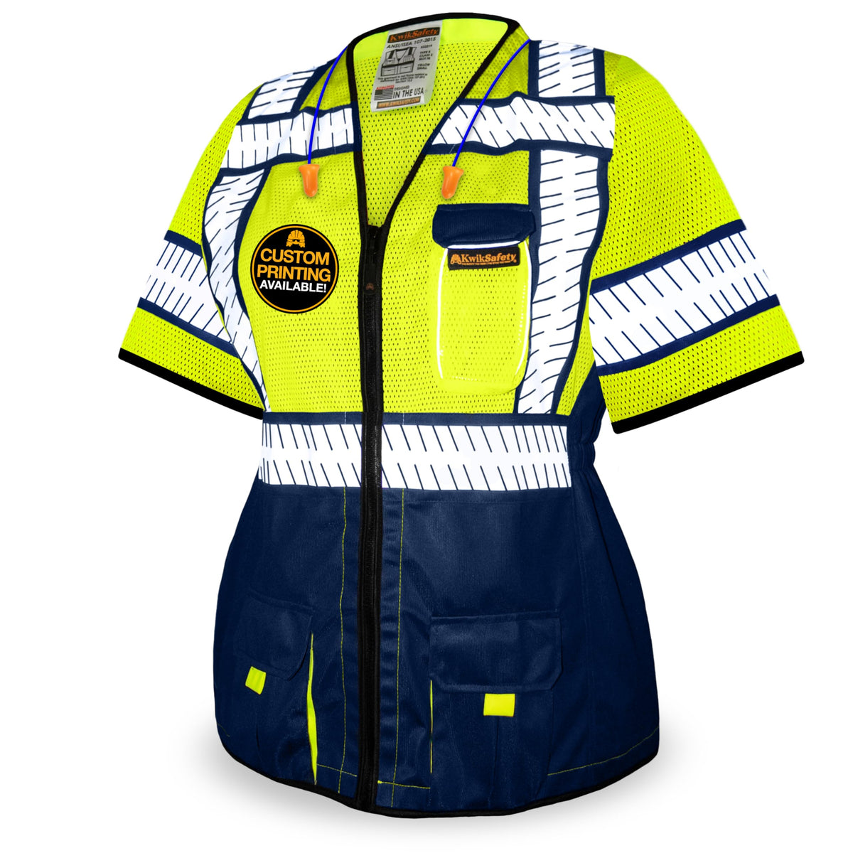KwikSafety - Charlotte, NC - SHERIFF Class 3 Safety Vest for Women [REFLECTIVE FISHBONE TAPE] ANSI Tested OSHA Compliant Hi Vis PPE Work Gear/Blue Large