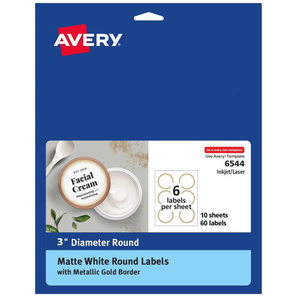 Avery Matte White Labels, Metallic Gold Borders, 3" Round Labels, 60 Total, Laser/Inkjet Printable (6544) 10 Sheets 3"