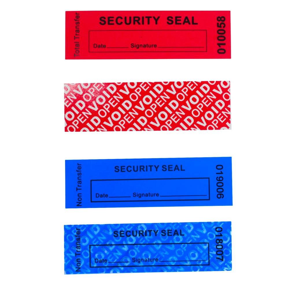 Bundled for 100pcs x 1" x 3.35" Red Total Transfer & Blue Non Transfer Tamper Proof Stickers