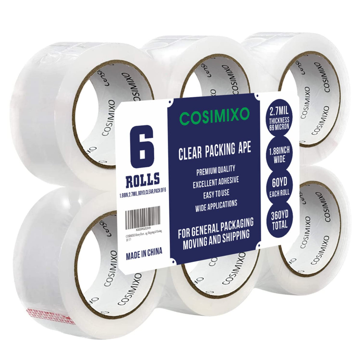 COSIMIXO Heavy Duty Packing Tape 2.7mil x 1.88" x 60 Yards, 6 Rolls,Industrial 3" Core, Clear, Great for Packing, Shipping & Moving 2.7Mil x 1.88" x 60Yds 6-Pack