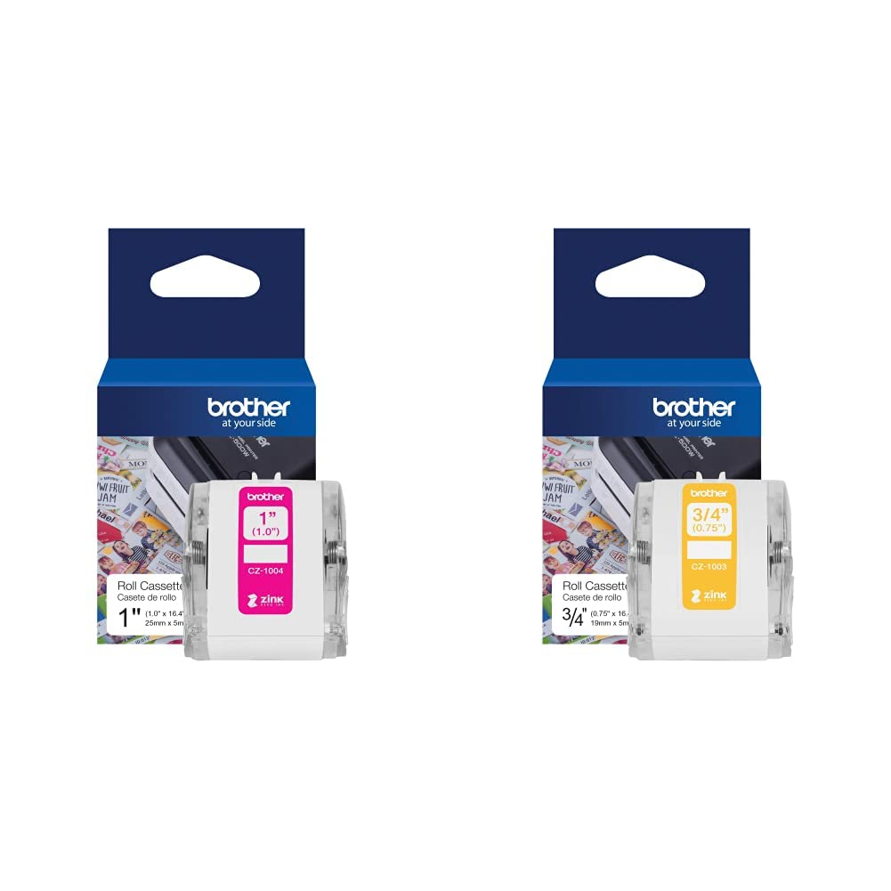 Brother Genuine CZ-1004 Continuous Length 1” (1.0”) 25 mm Wide x 16.4 ft. (5 m) Long Label Roll Featuring Zink Zero Ink Technology & Genuine CZ-1003 Continuous Length ¾” (0.75”) 19 mm Wide x 16.4 ft