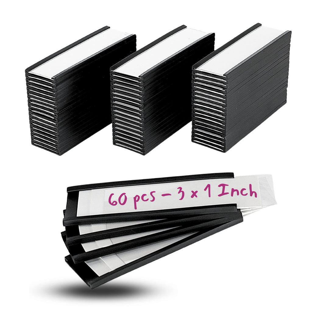 Availey 60 Pack Magnetic 'C' Channel Label Holders for Metal Racks and Shelves with Protective Films and Replacement Strips 3" x 1" Magnetic Label Holders 3x1 inch