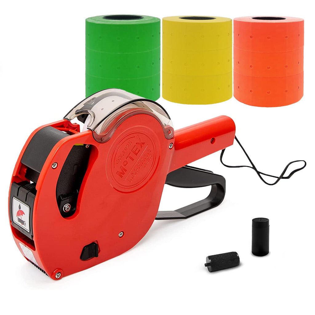 Motex Genuine MX-5500NEW 1 Line 8 Digits Price Tag Gun Kit - Includes 10,000 Blank Labels (White + Red + Yellow + Green) and 1 Pre-Loaded Inker with 1 Ink Refill Red Kit - 3 Red + 3 Yellow + 3 Green Rolls
