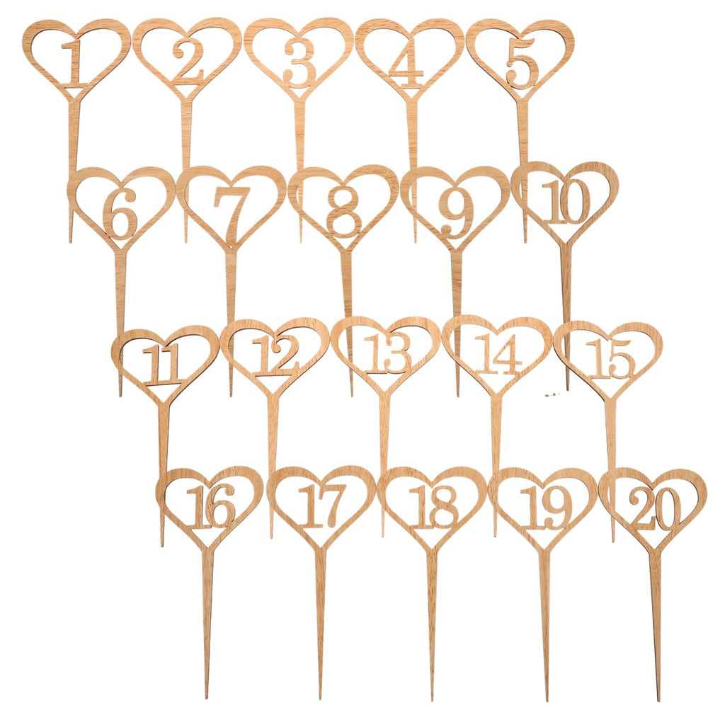 TENDYCOCO Wedding Table Numbers 1-20 Heart Shape Wooden Stick Sign Cards for Reception Seating Flower Arrangement Centerpiece DIY Crafts Party Table Number Sticks