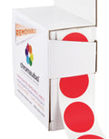 Red ChromaLabel 1-inch round removable color-code dot stickers on dispenser box, ideal for labeling and organization.