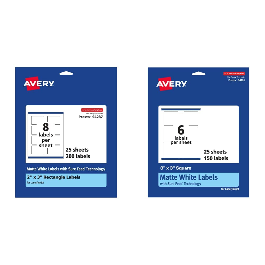 Avery White Rectangle and Square Labels Bundle (350 Labels) 200 Labels + 150