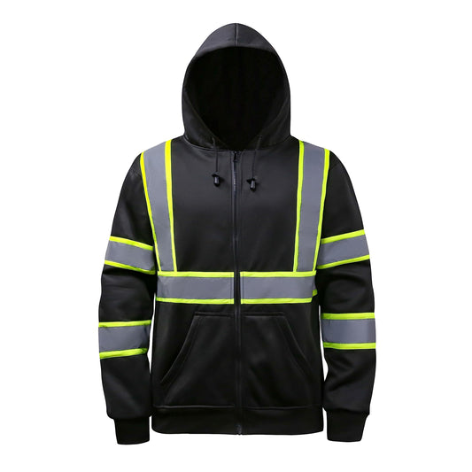 High visibility Hoodie for Men,Class3 Hi Vis Hoodie with Zipper,Reflective Hooded Hood,Construction work Safety Sweatshirt with Large front Pocket for Men/Women BLACK,2XL Black02 XX-Large