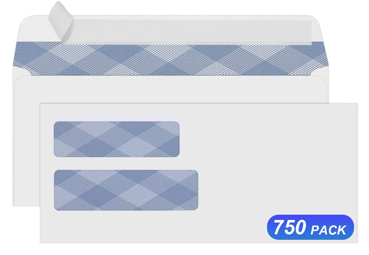 750#10 Security Envelopes, PANDRI NO.10 Self-Seal Double Window Envelopes Designed for QuickBooks Invoices, Business Statements & Documents - Number 10 Size 4 1/8 Inch X 9 1/2 Inch - 24 LB 750 PACK