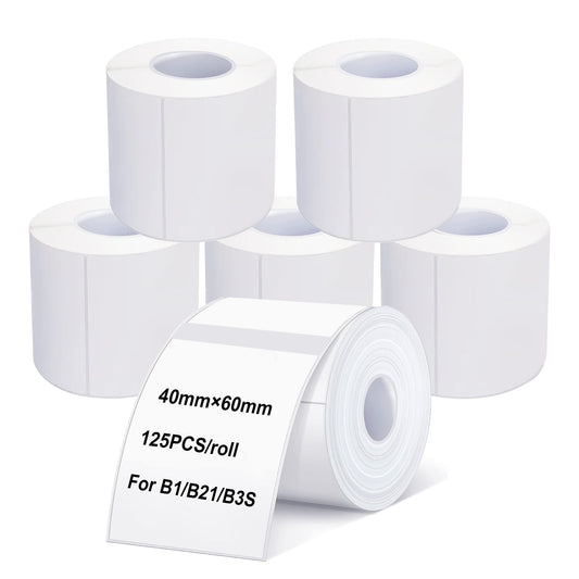Thermal Labels Maker Tapes for B21/B3S/B1 Printer,1.57" X 2.36" (40 X 60mm) 125 Labels/Roll,Multi-Purpose Adhesive Labels Sticker Paper for Home Office Small Business Address School,6 Rolls White 40*60mm-6 Rolls