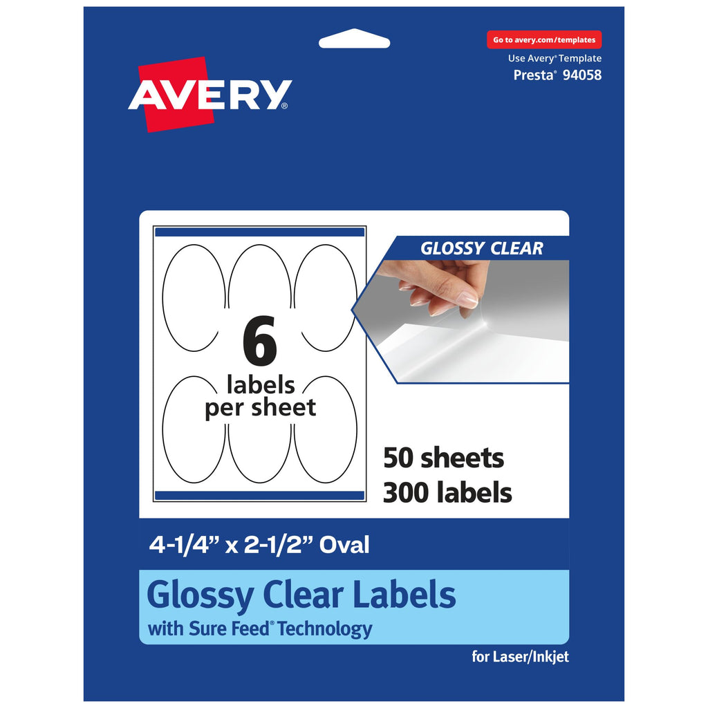 Avery® Glossy Clear Oval Labels, Sure Feed® Technology, 4.25" x 2.5", 300 Glossy Clear Labels, Laser/Inkjet Printable 300 labels
