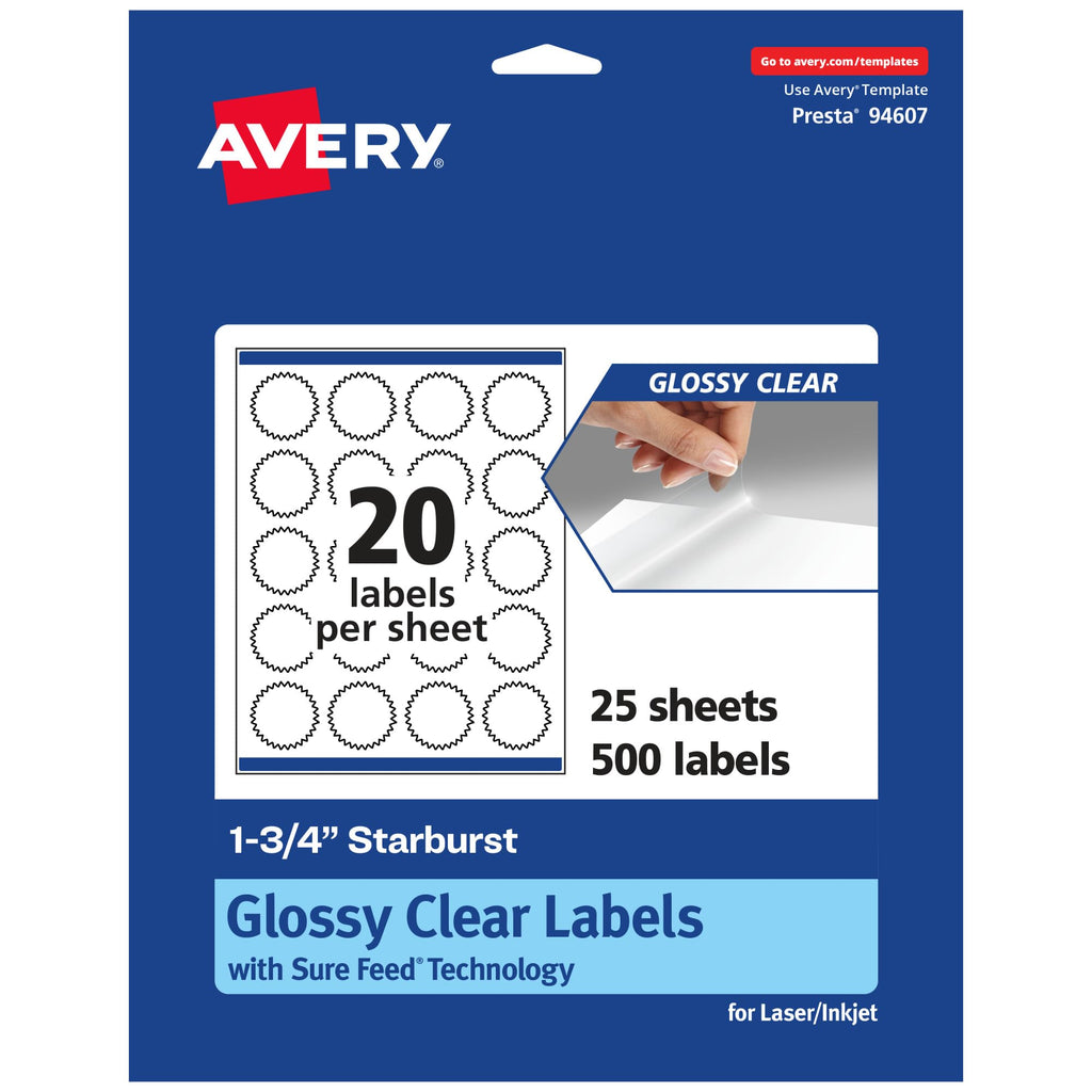 Avery® Glossy Clear Starburst Labels, Sure Feed® Technology, 1.75", 500 Glossy Clear Labels, Print-to-The-Edge, Laser/Inkjet Printable 500 labels
